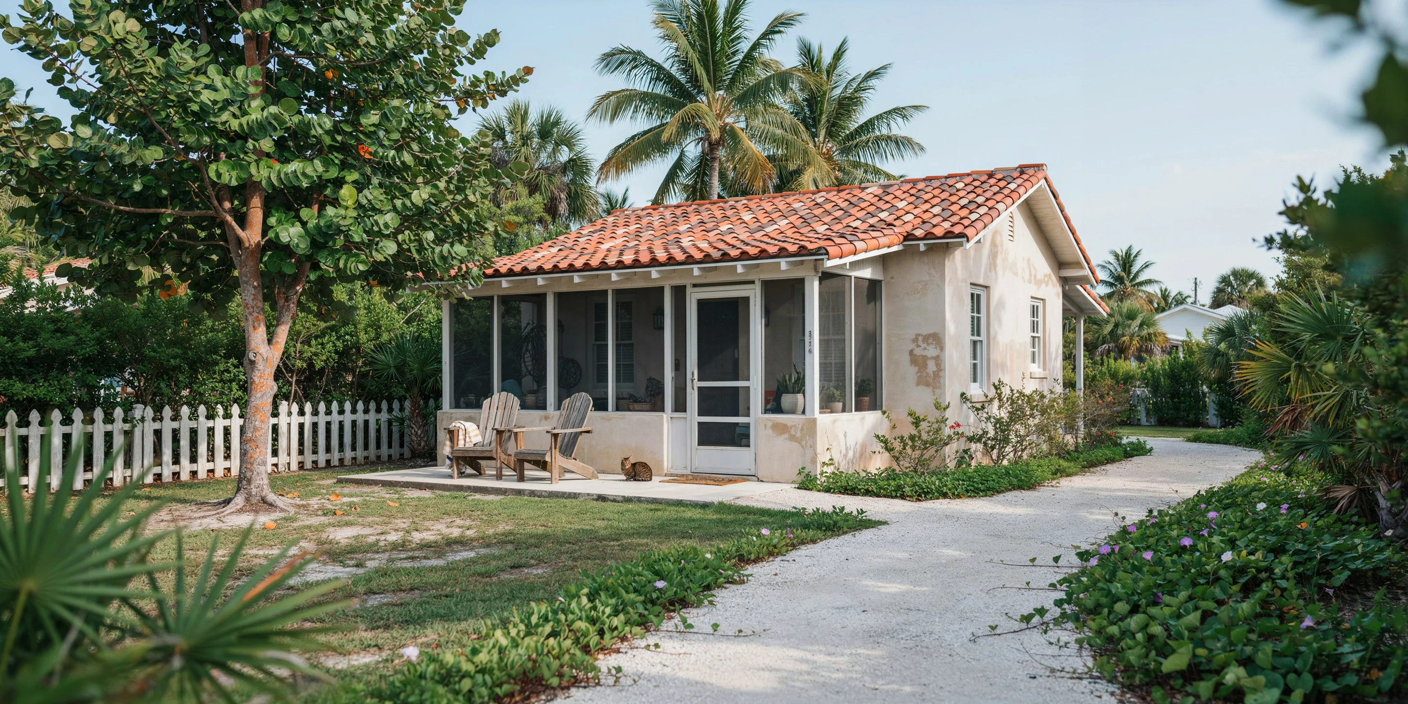 Old-Florida island home with screened porch on a shell road, Bradenton Beach, FL