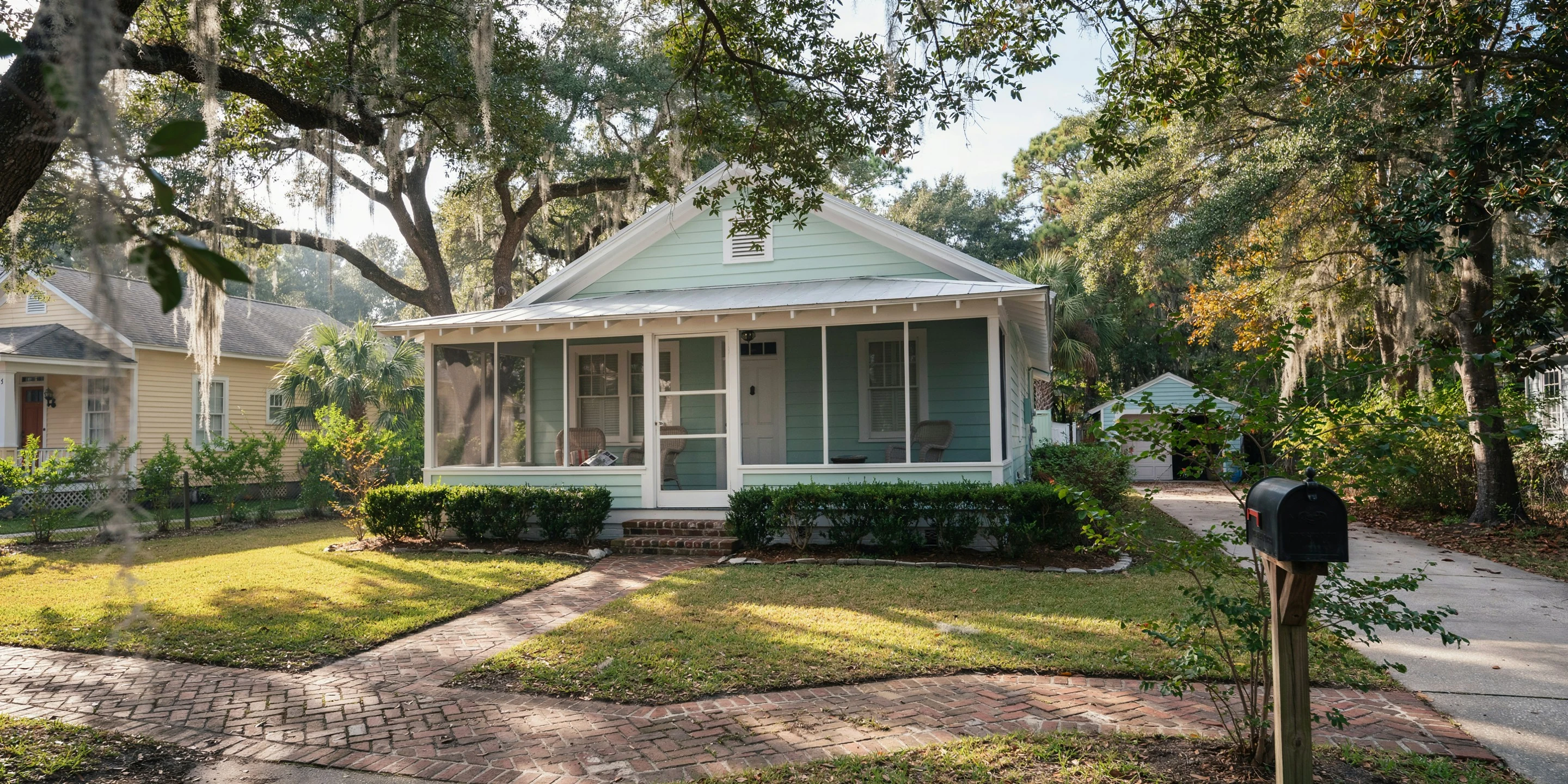 Cottage-style home with screened porch under oaks in Samoset, Bradenton, FL